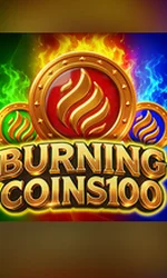Burning Coins 100 game logo featuring three flaming gold coins with green, red, and blue fire on a dark background