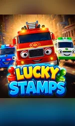 Lucky Stamps slot game cover by Endorphina featuring colorful fire truck, police car and ambulance characters.