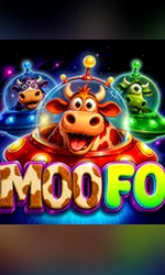 Moo Fo game logo featuring a smiling cow in a flying saucer with two alien cows in UFOs against a colorful outer space background.
