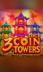 3 Coin Towers Dice slot artwork showing three colorful pagoda towers filled with golden coins